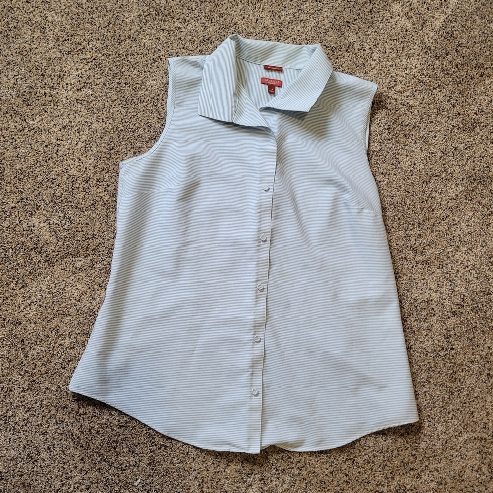 Talbots Blue And White Striped Wrinkle Resistant Button Up Tank Top Size 14